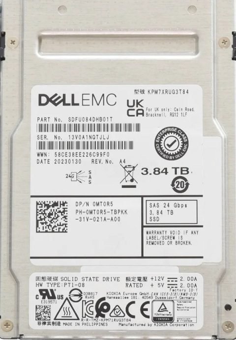 KPM7XRUG3T84 Kioxia PM7-R Series 3.84TB 24Gb/s SAS SIE Internal SSD